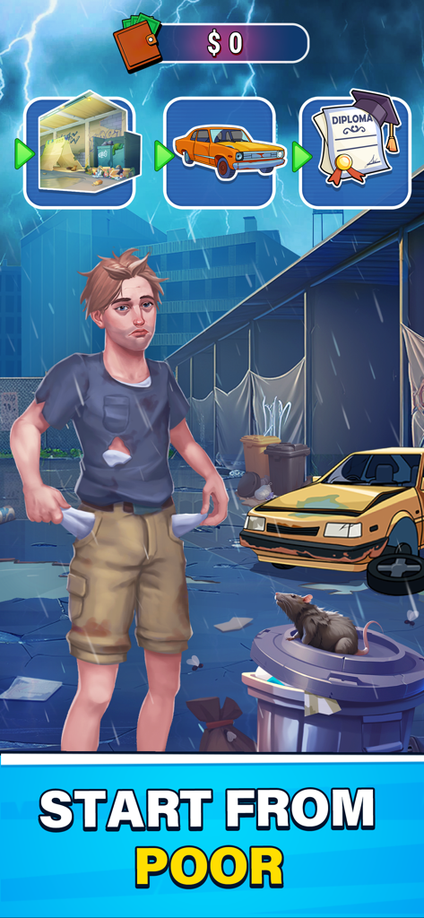 A character with empty pockets standing in a rainy alley representing the start of a rags to riches journey