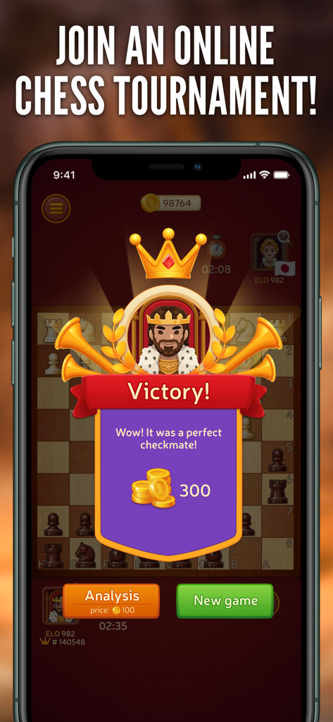 Chess Online - Clash of Kings - Sieg-Bildschirm auf einem Mobiltelefon in Chess Online Clash of Kings, der eine Goldbelohnung von 300 für ein perfektes Schachmatt zeigt