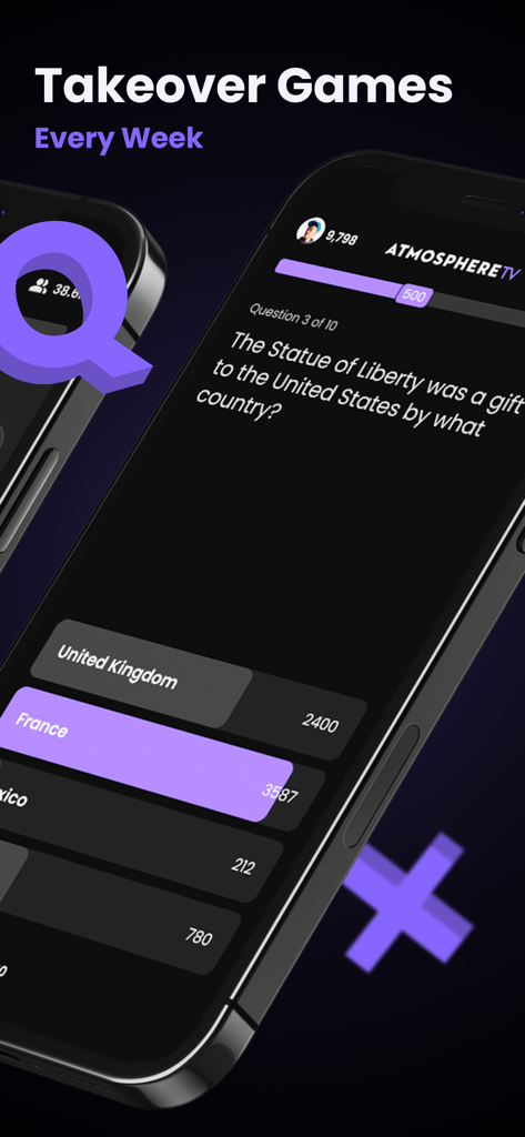 Atmosphere Trivia app interface showing a multiple choice history question about the Statue of Liberty