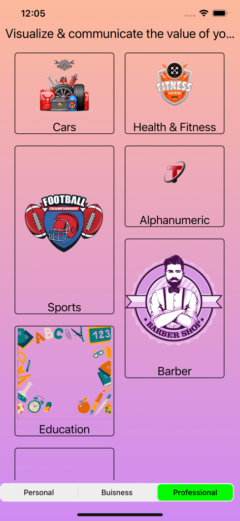 Logo Maker and Design Creator - Logo Maker app interface showing logo categories like Cars, Health and Fitness, Sports, and Barber under the professional tab.