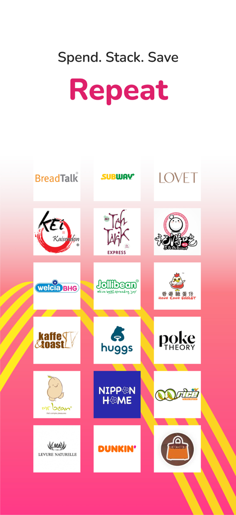 A grid of merchant logos partnered with Fave for rewards including Subway and Dunkin with the slogan spend stack save repeat