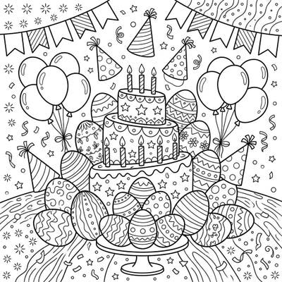 Get ready for a double celebration with this festive coloring page featuring a delightful birthday party scene combined with charming dyed Easter eggs. Discover an imaginative world where balloons, cake, and confetti mingle with beautifully patterned eggs, perfect for any joyous occasion.