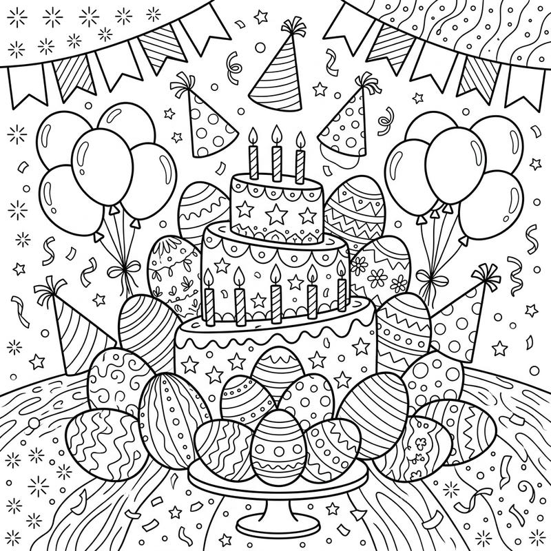 Get ready for a double celebration with this festive coloring page featuring a delightful birthday party scene combined with charming dyed Easter eggs. Discover an imaginative world where balloons, cake, and confetti mingle with beautifully patterned eggs, perfect for any joyous occasion.
