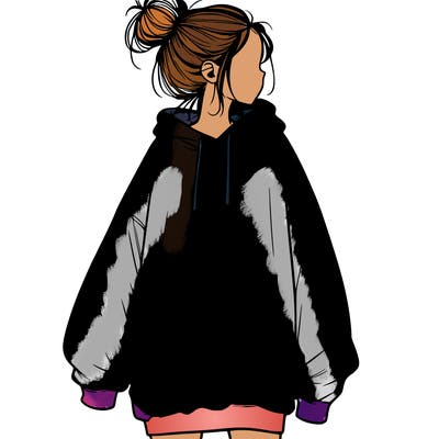 realistic girl with a oversized sweatshirt on and a bun