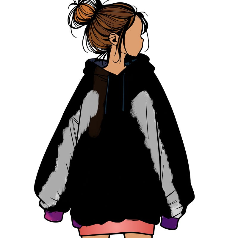 realistic girl with a oversized sweatshirt on and a bun