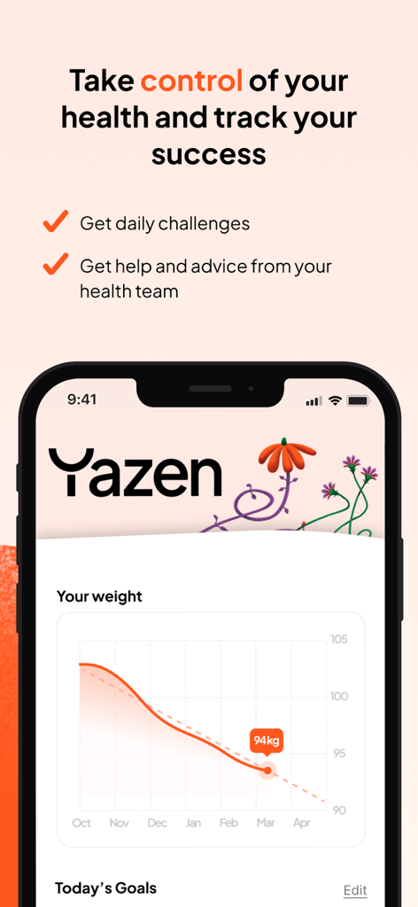 Yazen: medical weight loss - Yazen 앱 인터페이스가 체중 감량 진행률 차트와 일일 건강 챌린지를 표시하고 있습니다