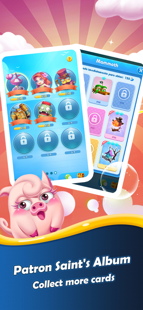 Piggy Boom - The Patron Saint's Album screen in Piggy Boom showing character cards to collect