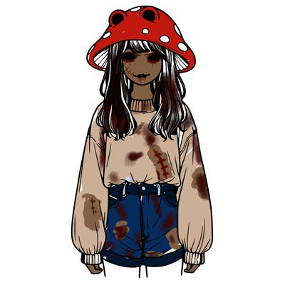a realistic girl with a frog hat and baggy mushroom shirt