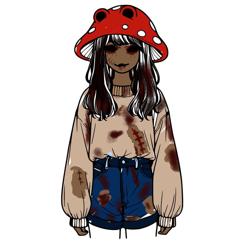 a realistic girl with a frog hat and baggy mushroom shirt