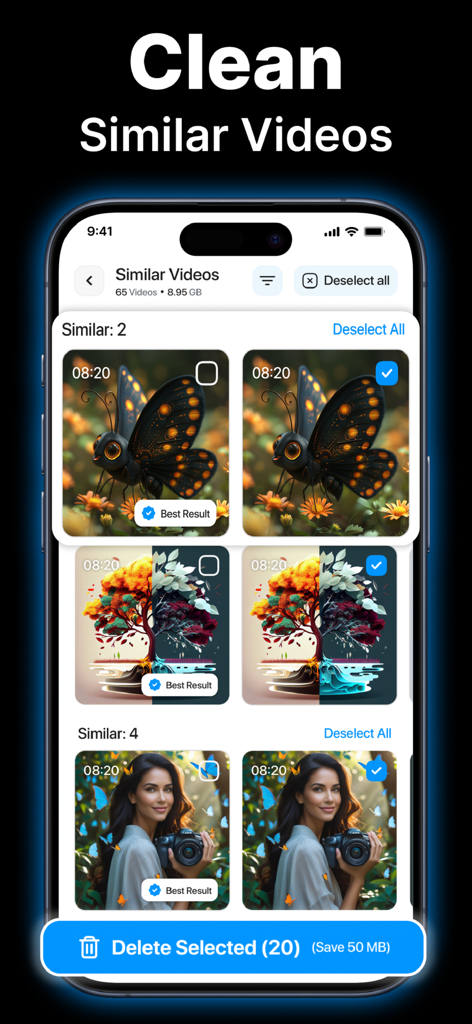 Clean Up Storage－Phone Cleaner - Interfaz de la aplicación Limpia Almacenamiento mostrando cómo identificar y eliminar videos similares para liberar espacio.