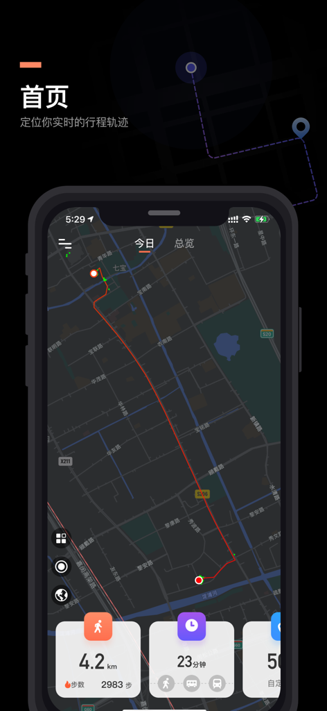 A smartphone screen displaying a travel trajectory map with a red route and trip data like distance and time