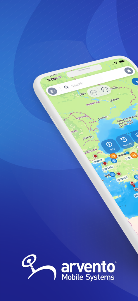 Arvento mobile app interface displaying real-time vehicle tracking and fleet management on a map.