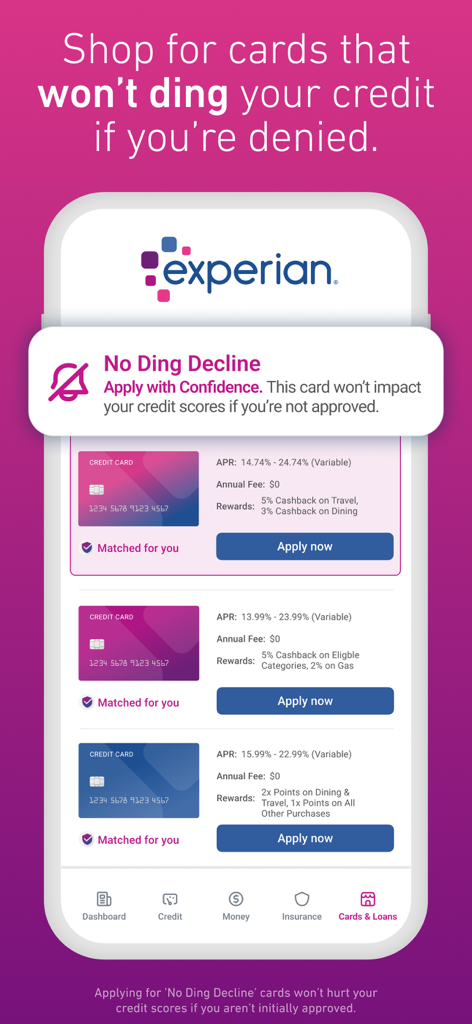 Experian app interface showing matched credit card offers with No Ding Decline protection