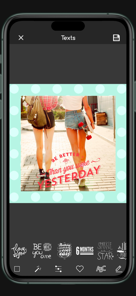 노크롭 앱의 텍스트 오버레이 및 글꼴 스튜디오 기능을 보여주는 아이폰 스크린샷