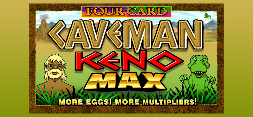 Titelbildschirm des mobilen Spiels Four Card Caveman Keno Max mit einem Höhlenmenschen und einem Dinosaurier