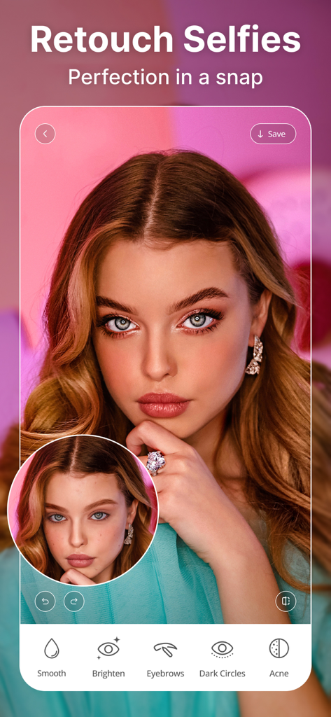 BeautyUp－AI Face & Body Editor - Interfaz de la app BeautyUp mostrando herramientas de retoque facial IA como suavizado de piel y brillo de ojos en un selfie.