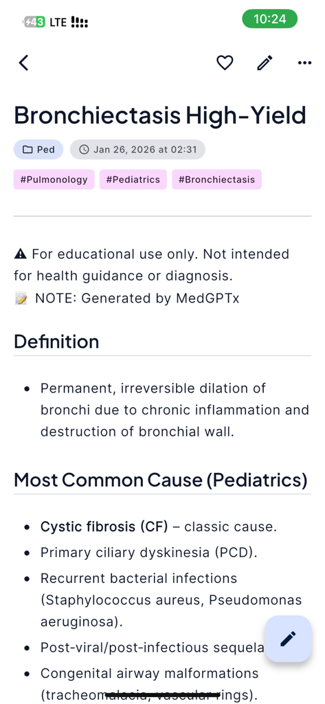 MEDGPTx - Una nota de estudio médico detallada de alto rendimiento sobre Bronquiectasias dentro de la interfaz de la aplicación MEDGPTx.