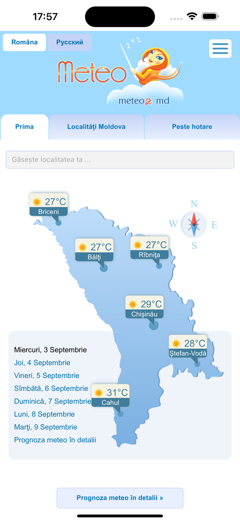 Interfaz de la aplicación Meteo2 Moldova mostrando un mapa de Moldavia con pronósticos meteorológicos y temperaturas locales