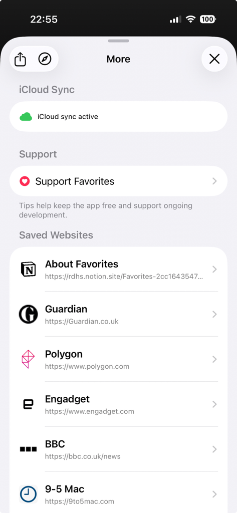 Favorites Private Browser - A screen showing a list of saved website shortcuts and active iCloud sync status.