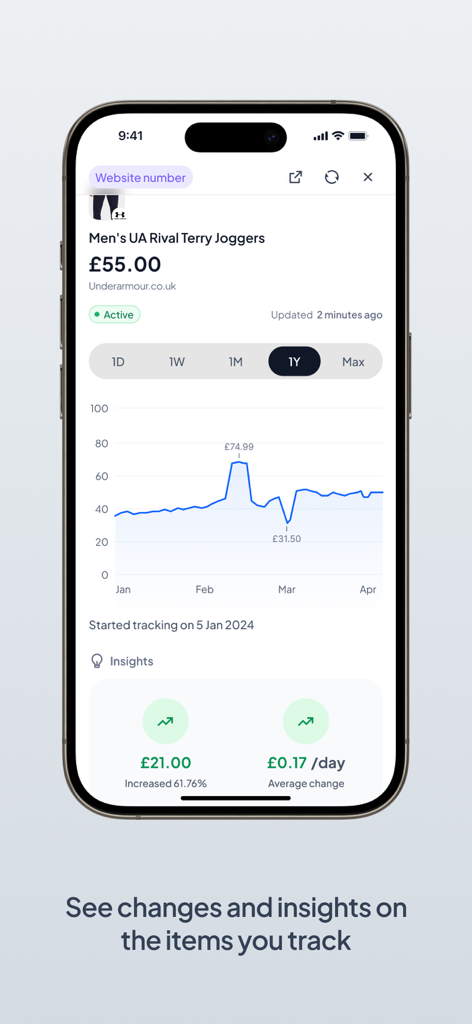 AnyTracker screen showing a product price history chart and insights