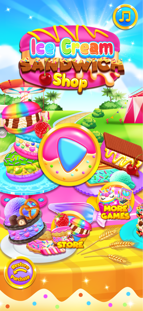 Ice Cream Sandwich Shop - Main menu of Ice Cream Sandwich Shop game featuring colorful rainbow desserts and a large play button