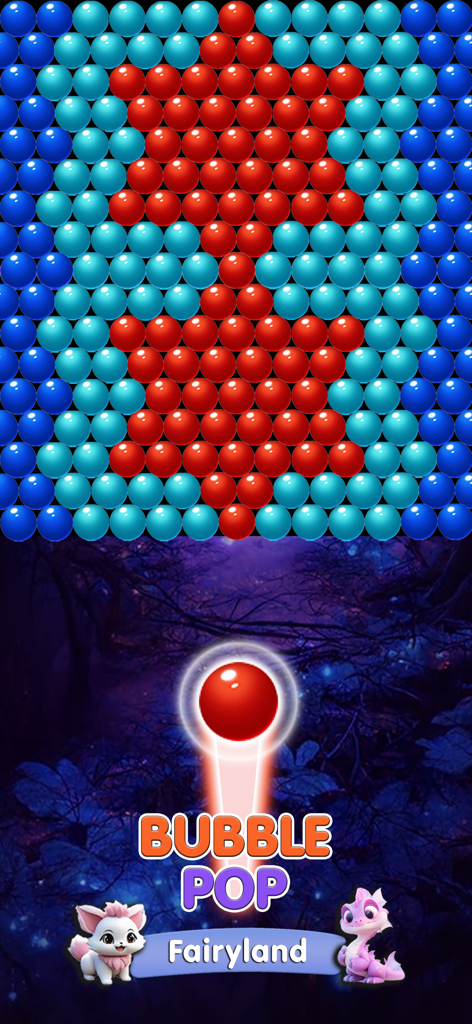 Bubble-Shooter-Level in Bubble Pop Fairyland mit bunten Blasen und magischem Waldthema.