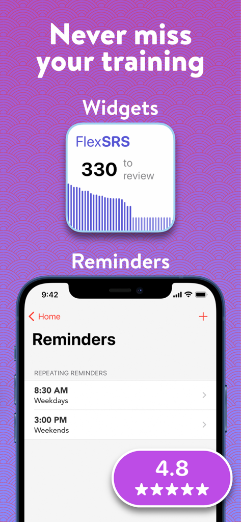 Learn Japanese Kanji: Benkyō - Benkyo Japanese Kanji app showing study widgets and study reminder settings on an iPhone