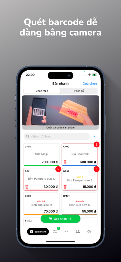 Interface do aplicativo de gestão de vendas hPOS mostrando funcionalidade de leitor de código de barras e uma lista de produtos de varejo com preços.