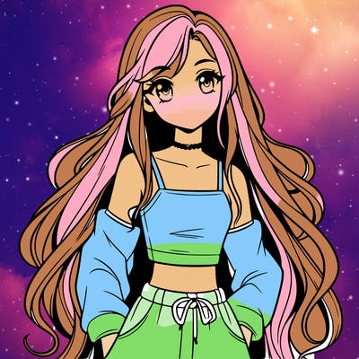 pretty anime girl in a crop top with long hair