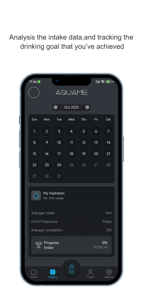 AQUAME PRO - Visualização de calendário do histórico de ingestão de água e métricas de hidratação semanais no aplicativo AQUAME PRO