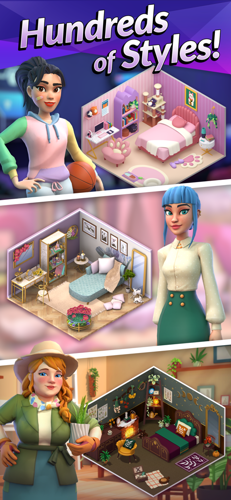 Drei verschiedene Avatare und ihre individuellen Raumgestaltungen, die die Vielfalt der Stile in Single City zeigen