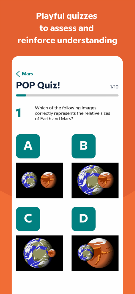 BrainPOP app pop quiz screen displaying a science question about the relative sizes of Earth and Mars with multiple-choice image options.