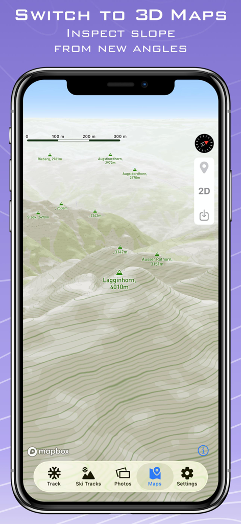 3D topographic maps showing mountain peaks and slopes in the Ski Tracks Lite app