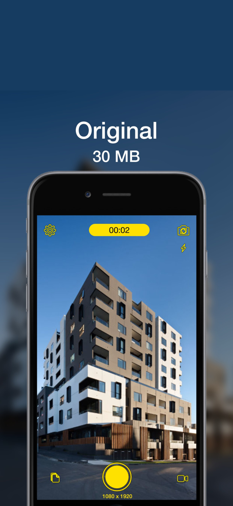 Smartphone screen showing the LOWER app interface capturing an original 30 megabyte photo of a modern building
