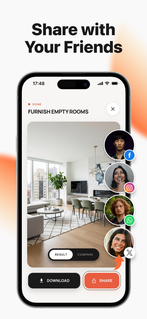 Homestyler: AI Room Planner - A screenshot of the Homestyler app showing a modern living room design with options to share the visualization with friends on social media platforms like Instagram and WhatsApp.