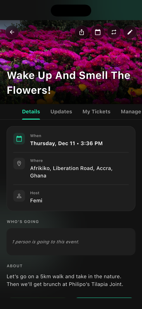 WhatWhenWhere? - Mobile app screen showing event details for a nature walk named Wake Up And Smell The Flowers including date location and host information.