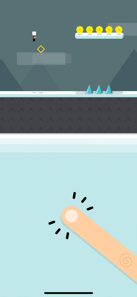 Mr Jump World - Gameplay of Mr Jump World showing the character jumping over spikes with a tap control icon in a minimalist level