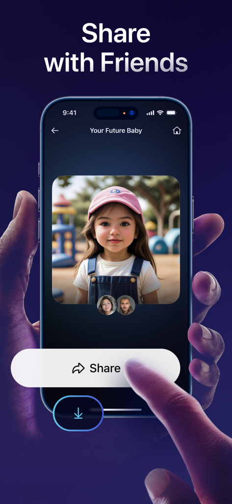 Future Baby Face Generator AI - Mobile screen showing a generated baby face with parents photos and a share button