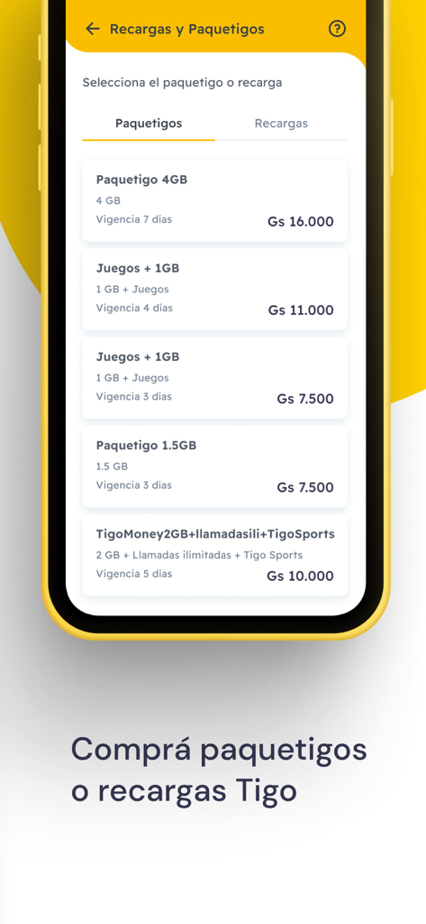 Billetera Tigo Money Paraguay - Screenshot der Tigo Money Paraguay App, die verschiedene mobile Daten- und Aufladepakete zeigt, die zum Kauf angeboten werden