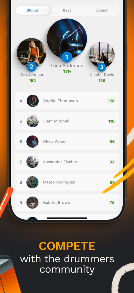 Beatlii: Drum Lessons - Global leaderboard in the Beatlii app showing community drummer rankings and scores