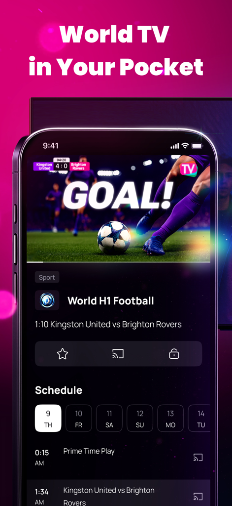 Smart TV Club - Smart TV Club app interface on an iPhone showing a live football match with a goal alert and a broadcast schedule