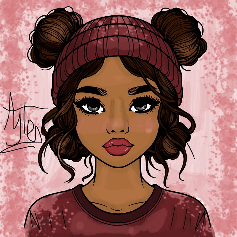 realistic girl with buns in her hair with a beanie on