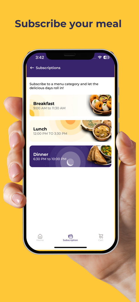 Homeal - Homeal app subscription screen for breakfast lunch and dinner meal plans