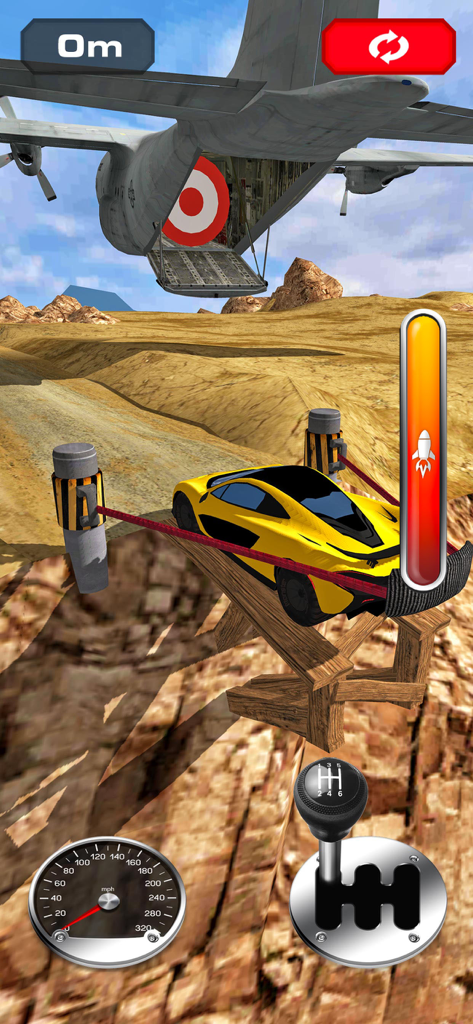 Jump into the Plane - Un coche deportivo amarillo en una catapulta gigante apuntando a la escotilla abierta de un avión de carga en un cañón desértico