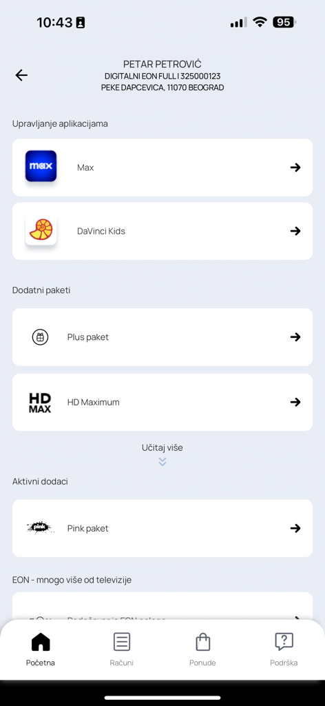 Dashboard of Moj SBB app for managing TV packages and linked services
