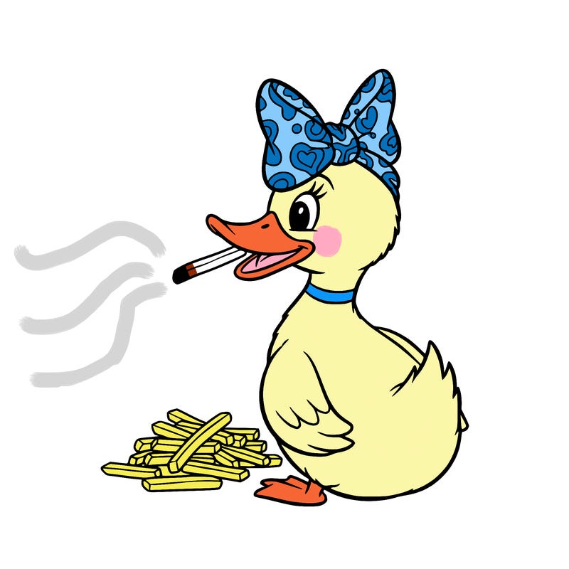 a duck is eating fries with a bow on her head