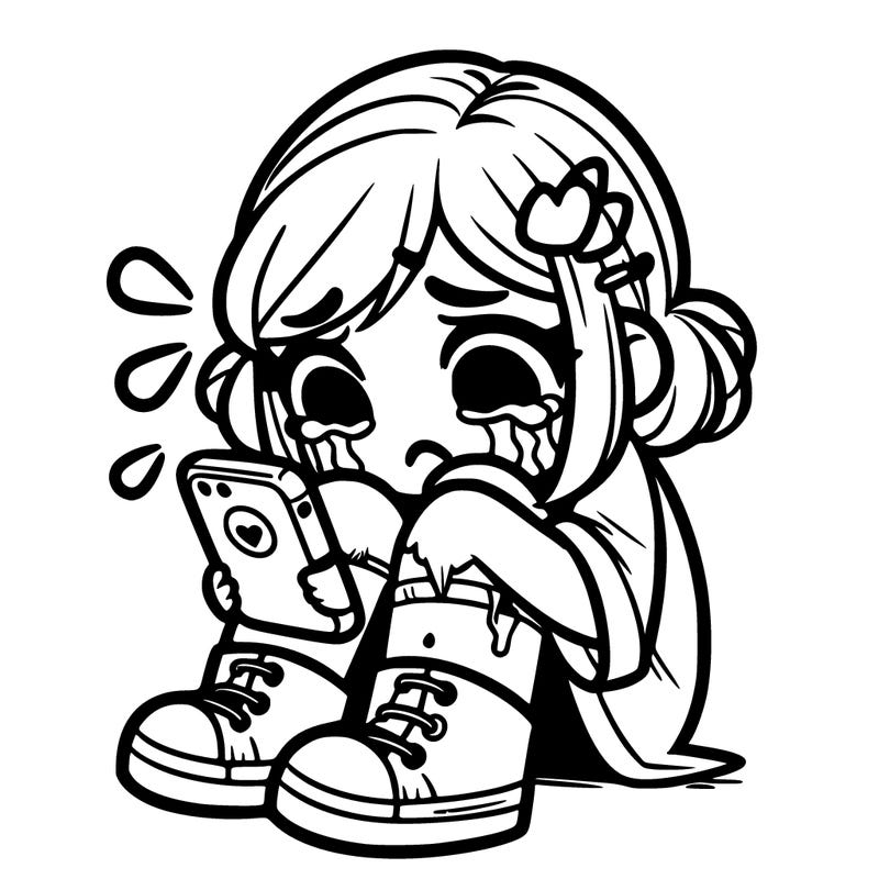 girl sitting down crying with her head down in her phone