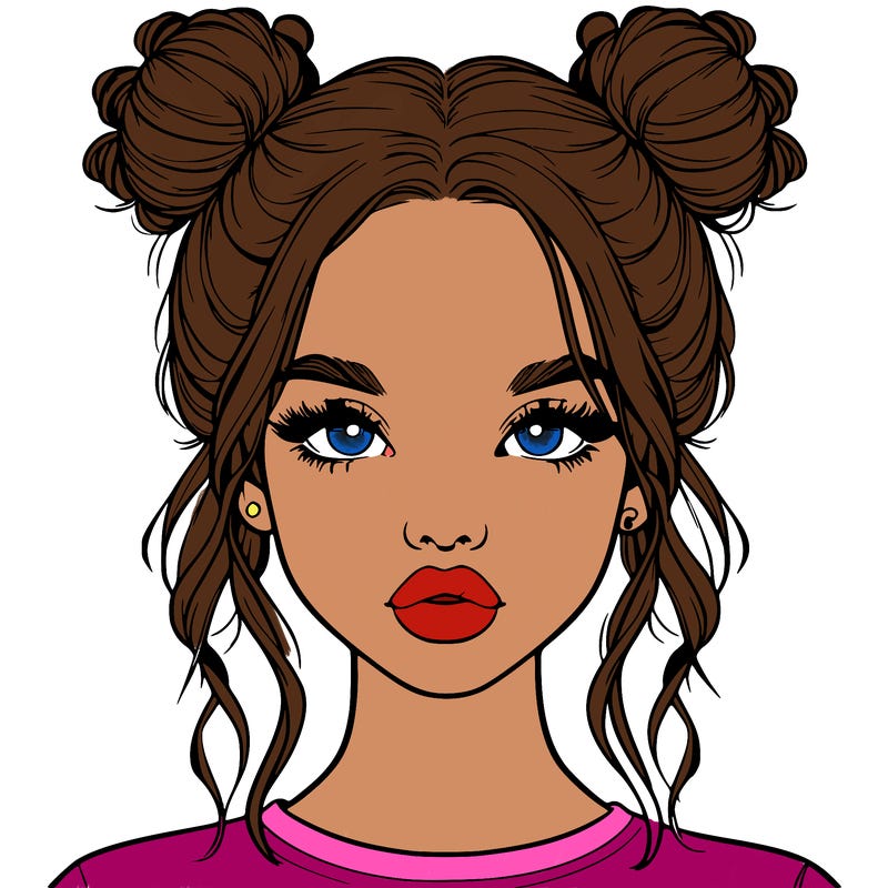 realistic girl with two buns in hair and lips
