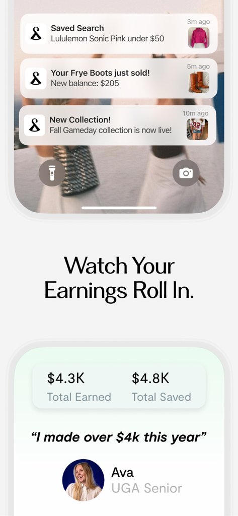 Mobile screen showing Curtsy app notifications for sales and new collections alongside a user testimonial about earning and saving money.