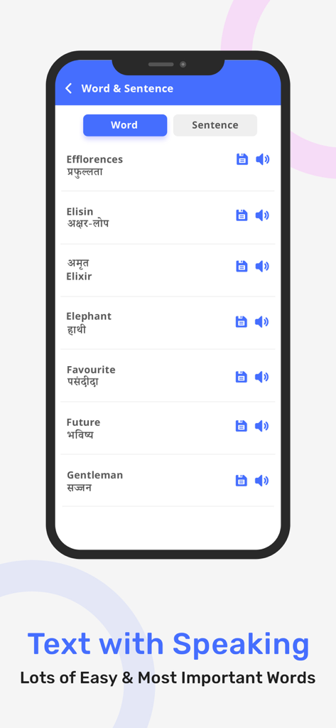 Mobile app screen displaying a list of common English words translated into Hindi with audio pronunciation icons